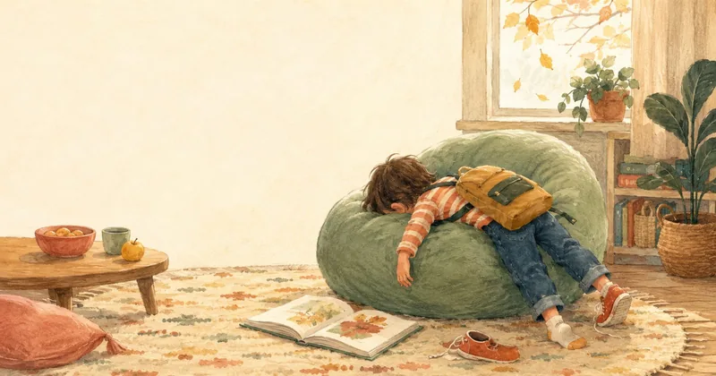 Watercolor illustration of a young child in a striped shirt slumped face down over a green beanbag chair with a backpack still on, one shoe kicked off and a picture book lying open on the rug beside them.
