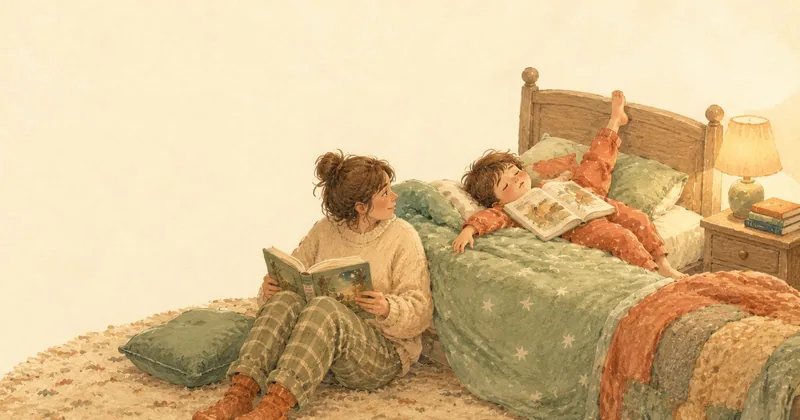 Watercolor illustration of a parent sitting on the floor beside a bed reading aloud, while a small child in pajamas lies sideways across the quilt with a picture book resting on their chest.