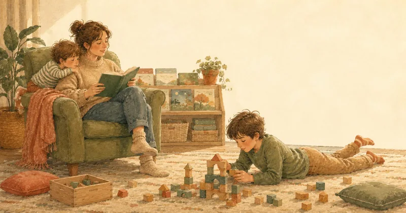 Watercolor illustration of a parent reading aloud from a chapter book in an armchair with a younger child leaning on their shoulder, while an older child lies on the rug nearby building with wooden blocks.